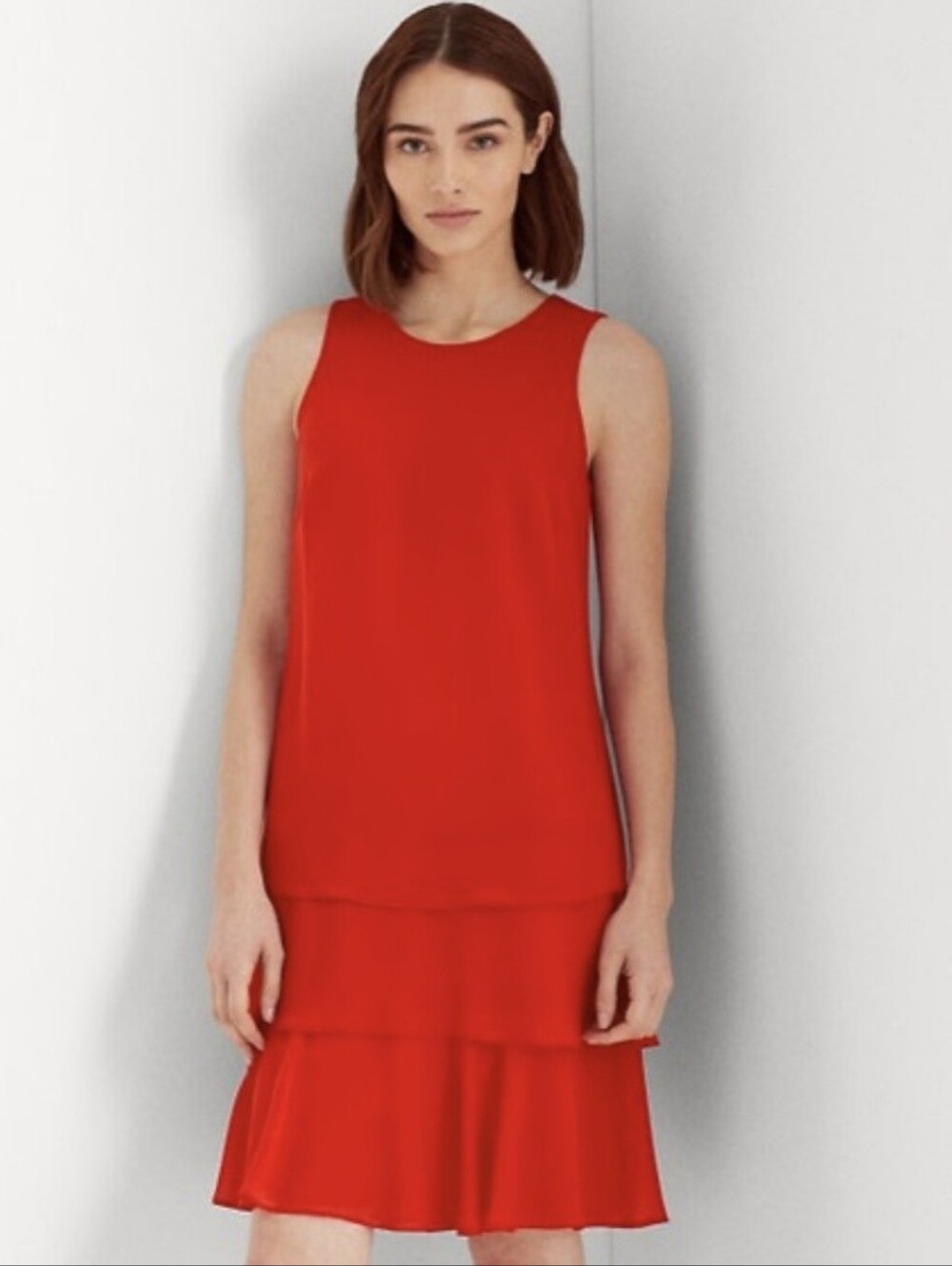 LAUREN Ralph Lauren Red Tiered Ruffle Georgette Shift Dress 12